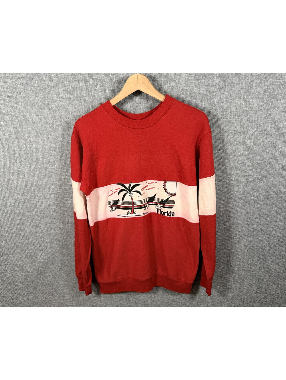 VTG 80s Florida Beach Palm Tree Shark Scene Sweatshirt Size Small Red White